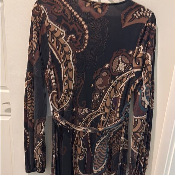 Hale Bob Brown Faux Wrap silk Dress with Bishop Sleeves size Large - Picture 6 of 14